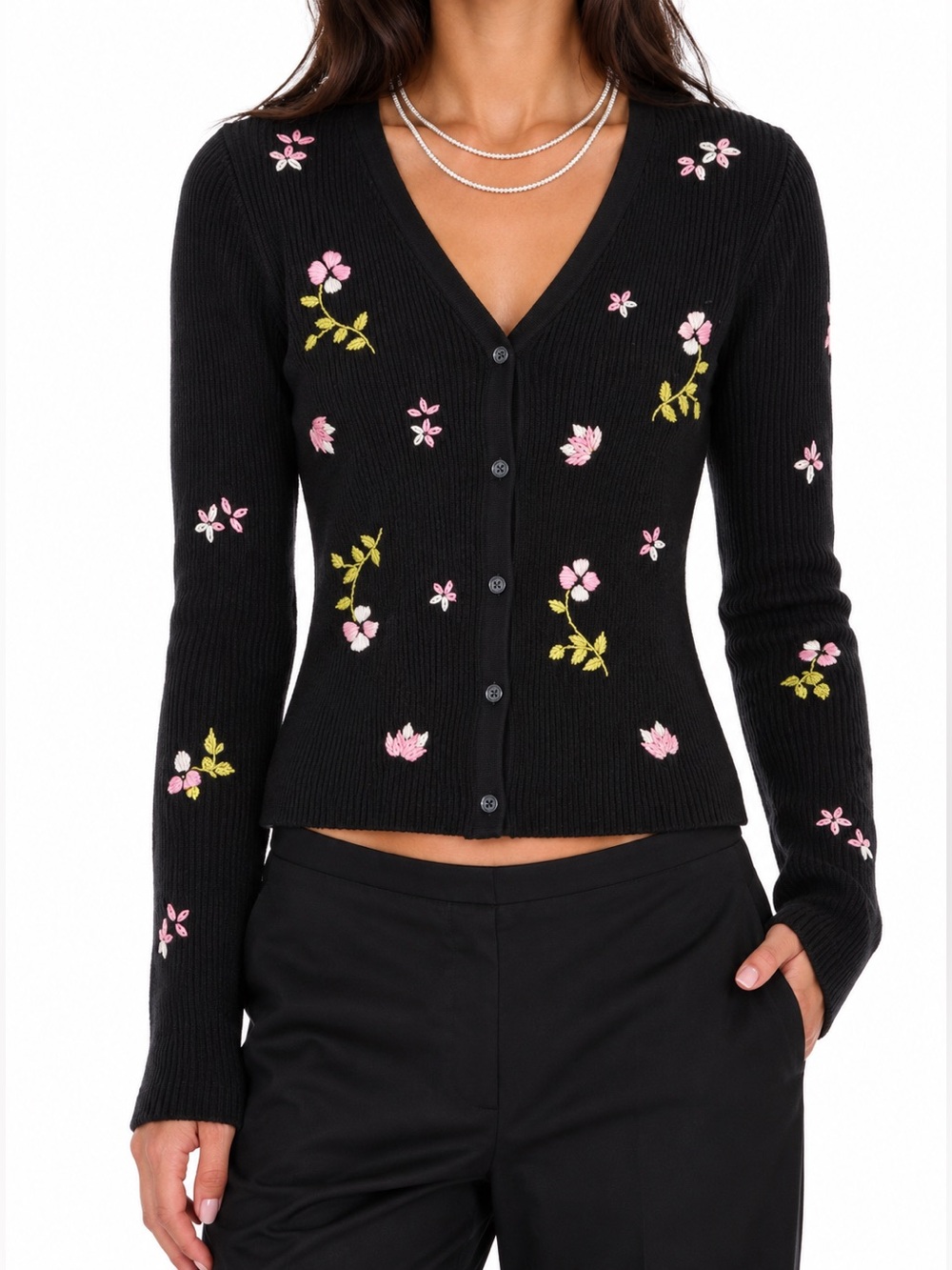 NWOT Favorite Daughter V-Neck Black Embroidered Floral Ribbed Cardigan | XS
